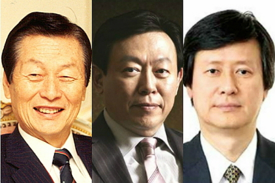 신격호(왼쪽부터) 총괄회장, 신동빈 롯데그룹 회장, 신동주 전 일본 롯데홀딩스 부회장.