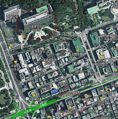 서울중앙지검 위치와 사진이 찍힌 장소로 추정되는 위치 / 네이버지도 캡쳐