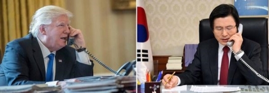 황교안 대통령 권한대행이 30일 도널드 트럼프 미국 대통령과 전화통화를 하고 있다(오른쪽). 왼쪽은 트럼프 대통령이 지난 28일 푸틴 러시아 대통령과 통화하는 모습 / 연합뉴스